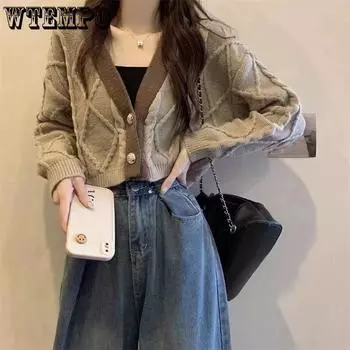 V-neck Short Women Cardigan Sweater New Spring and Autumn Lazy Wind Loose Fried Dough Twists Knitting Top S чёрный