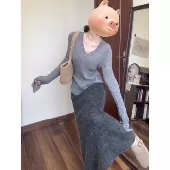 V Neck Soft Glutinous Unique Chic Niche Top Bottoming Shirt Grey S(Suggested 37.50 kg-47.50 kg)