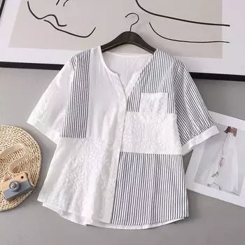 V-neck Stitching Loose White Shirt Pure Cotton Gingham Short Sleeve White 7261 M 40.00 kg-65.00 kg