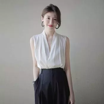 V-neck Suit Inner Match Sleeveless Halter Top Satin Pearl White L 55.00 kg-60.00 kg