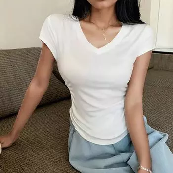 Летняя футболка с коротким рукавом и V-образным вырезом, облегающий плиссированный топ для женщин, модные повседневные однотонные женские короткие футболки, элегантные простые футболки 728 One Size белый
