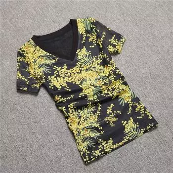 V Neck Tops Women s Slim Looking European Station 2024 Spring/Summer New Arrival Fashion Mesh Short Sleeve T-Shirt Thin Printed Bottoming Shirt Black S