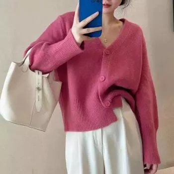 V-neck versatile sweater women s autumn new threaded cardigan solid color temperament thin short knitted sweater One size