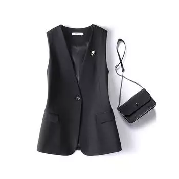 V-neck Vest Female Suit Vest 2025 Spring Wear New Top Sleeveless Waistcoat Easiest for Match Bandage Dress Small Waistcoat Outwear Black collarless vest (no brooch) M