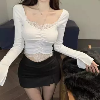 V-neck Women s Bottoming Shirt Puff Sleeve Slim Crop Tops Fashion Ruffle Pullover Streetwear L чёрный