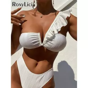 V-образный бикини с рюшами на одно плечо, женский купальник, женский купальник, комплект бикини из двух частей, купальный костюм, купальный костюм для женщин S белый