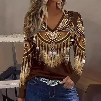 V-образный вырез 3D Классический ретро племенные элементы принтованный топ модные повседневные длинные рукава женские футболки S