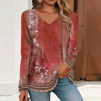 V-образный вырез 3D принтованный топ модные повседневные ретро длинные рукава женские футболки S