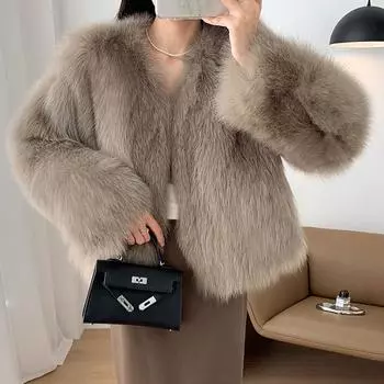 V-образный вырез All Match Plush Jackets Женская высококачественная теплая верхняя одежда Искусственный мех пальто для женщин Утолщенная повседневная зимняя куртка для женщин S чёрный