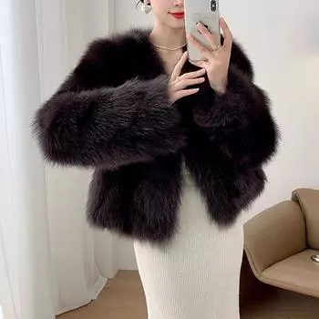 V-образный вырез All Match Plush Jackets Женская высококачественная теплая верхняя одежда Искусственный мех пальто для женщин Утолщенная повседневная зимняя куртка для женщин S кофейный