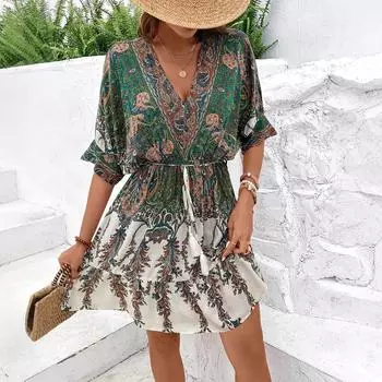 V-образный вырез, большой подол юбки, повседневное милое праздничное длинное платье с короткими рукавами, эластичная резинка на талии, бохо-принт, цветочный, элегантное платье для женщин S зелёный