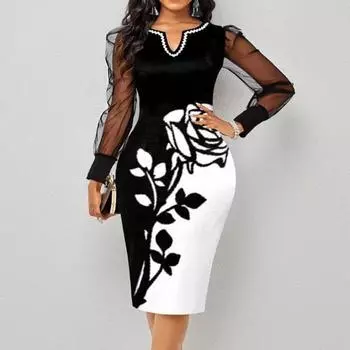 V-образный вырез Цветочный принт Одинаковые цвета Прозрачная сетка Рукав в стиле пэчворк Длина до колена Облегающий крой Высокая талия Для поездок на работу 2XL черный белый