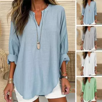 V-образный вырез Длинные рукава Неровный подол Свободный сплошной цвет Винтаж Тонкий Мягкий Повседневный M небесно-голубой