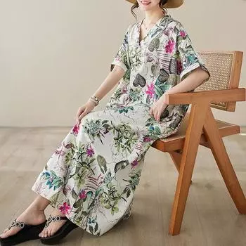 V-образный вырез хлопка льна свободная художественная пляжная юбка ретро длинное женское платье Large size average size