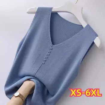 V-образный вырез Ice Silk Sling Knitted Vest Женская свободная трикотажная рубашка без рукавов с верхом 6XL 6XL белый