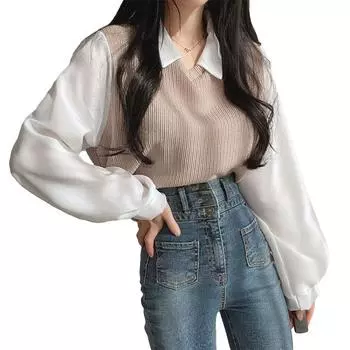 V-образный вырез, имитация двух частей, топы, блузка, свободная, осенняя, женская, повседневная, из полиэстера, свитер 2 в 1, пуловер M синий