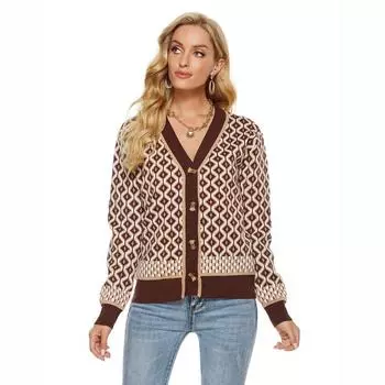 V-образный вырез кардиган с ромбовидной сеткой ретро-цвета коллизия женский короткий свитер утолщенный теплый трикотаж повседневный вязаный жакет осень-зима M хаки