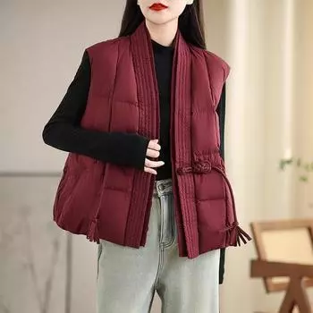 V-образный вырез китайский ветер пряжка 90 белый утиный пух пуховый жилет женский 2024 литературный досуг теплый вязаный сращивающийся жилет S слоновая кость