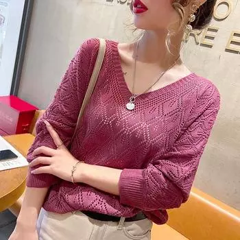 V-образный вырез крючком цветок ажурный вязаный свитер чехол женский с длинными рукавами тонкий стиль весна осень свободная рубашка бата короткий топ One size белый