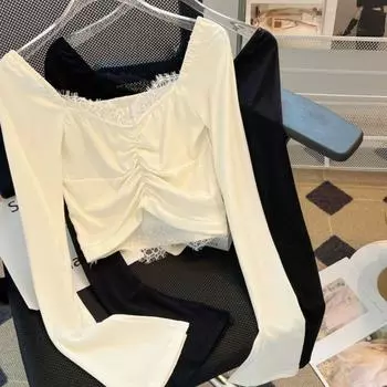 V-образный вырез кружева длинный рукав рубашка имитация двух частей оборки пуловер милая женская нижняя рубашка женская L чёрный