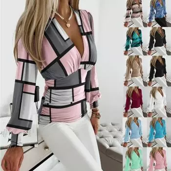 V-образный вырез кружева длинный рукав рубашки женские футболки женские блузки повседневный топ S