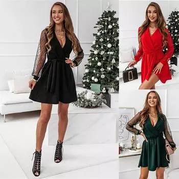 V-образный вырез кружева длинный рукав женские платья высокая талия сращивание платье девушки коктейльные вечерние платья S чёрный