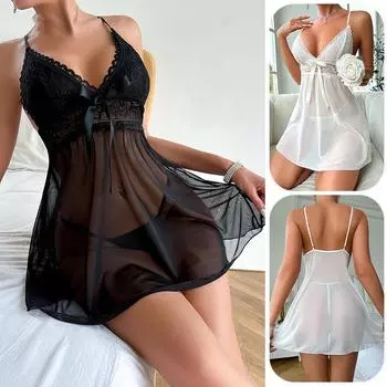 V-образный вырез кружева прозрачный сексуальный сетчатый пижама кружево сорочка ночная рубашка женское платье XS белый