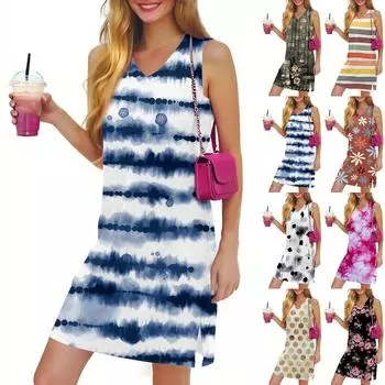 V-образный вырез Летнее повседневное пляжное платье для женщин Отдых Женский сарафан без рукавов с разрезом L армия зеленый