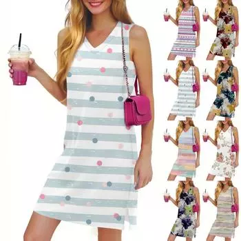 V-образный вырез Летнее повседневное пляжное платье для женщин Отдых Женский сарафан без рукавов с разрезом S