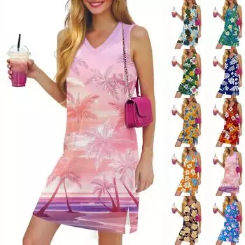V-образный вырез Летнее повседневное пляжное платье для женщин Отдых Женский сарафан без рукавов с разрезом S