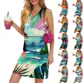 V-образный вырез Летнее повседневное пляжное платье для женщин Отдых Женский сарафан без рукавов с разрезом M