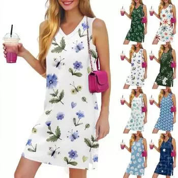 V-образный вырез Летнее повседневное пляжное платье для женщин Отдых Женский сарафан без рукавов с разрезом L армия зеленый