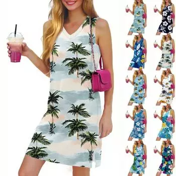 V-образный вырез Летнее повседневное пляжное платье для женщин Отдых Женский сарафан без рукавов с разрезом XXL