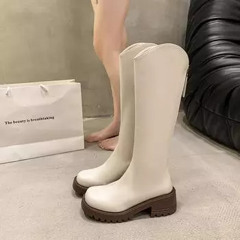 V-образный вырез, маленькие мужские сапоги на толстой подошве, женские, осень-зима 2024, новые модели, но высокие рыцарские сапоги на толстом каблуке, женские 35 белый