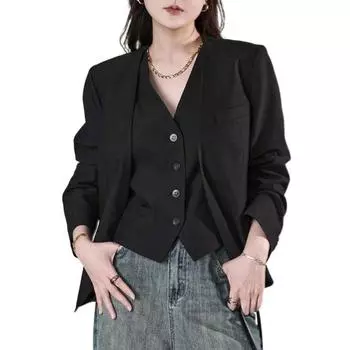 V-образный вырез на пуговицах с грудью жилет без рукавов женский укороченный жилет повседневный для девочек L чёрный