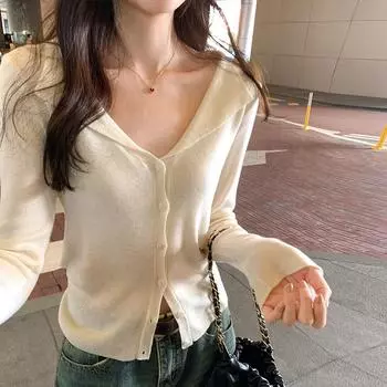 V-образный вырез, облегающий и универсальный вязаный кардиган с расклешенными рукавами для женщин на осень и зиму, новый топ с открытой спиной для девушек S