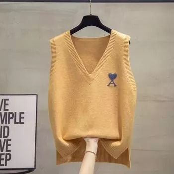 V-образный вырез однотонный трикотажный жилет женский свободный трикотажный пуловер теплая трикотажная нижняя рубашка свободный повседневный топ для поездок на работу осень S жёлтый
