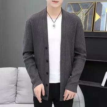 V-образный вырез Повседневный вязаный кардиган для мужчин Корейская версия тенденции личности на улице Носить свитер пальто для мужчин Новая осень M