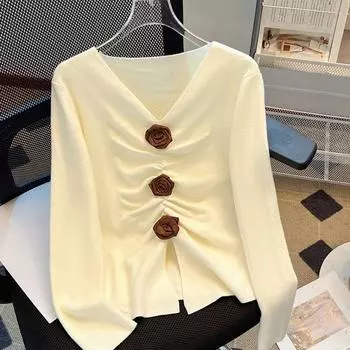 V-образный вырез, роза, вязаные свитера для женщин, плиссированные, облегающие, с длинными рукавами, одежда для женщин, однотонные женские пуловеры, топы One Size чёрный