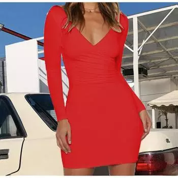 V-образный вырез с длинным рукавом Пакет бедра осень/зима сексуальное платье для женщин S белый