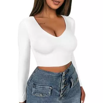 V-образный вырез с длинным рукавом трикотажные колготки короткий топ сексуальный V-образный вырез на груди однотонные колготки S белый