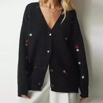 V-образный вырез с длинным рукавом вязаный кардиган свитера женская куртка осень и зима винтажные свободные вышитые кардиганы повседневный теплый женский трикотаж пальто 24836 One Size чёрный