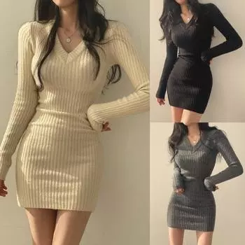 V-образный вырез с длинными рукавами тонкий свитер А-силуэта платья женские осенние ребристые трикотажные платья для женщин вечеринка One Size чёрный