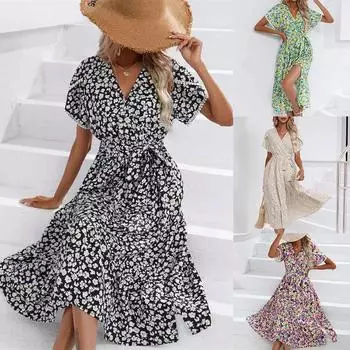 V-образный вырез с коротким рукавом Цветочная летняя одежда Платье Длинная юбка S чёрный
