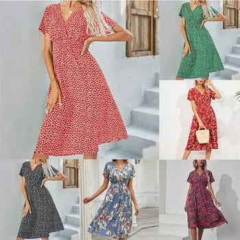 V-образный вырез с мелким цветочным принтом, простота, летняя горячая распродажа, женская одежда, платье с коротким рукавом, средняя юбка S