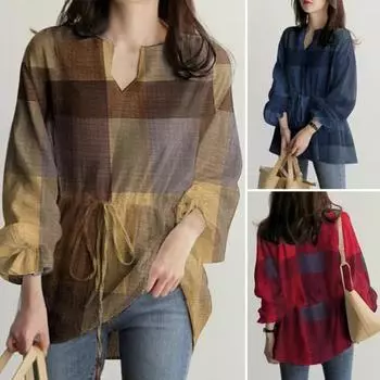 V-образный вырез с рюшами Манжеты на талии Шнуровка в клетку с принтом Повседневная блузка Простой повседневный стиль 2XL жёлтый