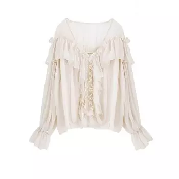 V-образный вырез сексуальные рубашки женские прозрачные сетчатые блузки летние оборки расклешенные рукава элегантные топы оборки женские S абрикосовый