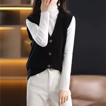 V-образный вырез свитер ретро жилет женский весна и осень вязаный кардиган без рукавов жилет свободный внешний жилет женский 3XL чёрный