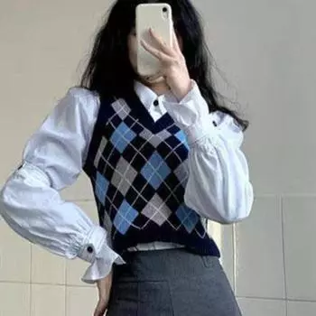 V-образный вырез свитер жилет топы без рукавов клетчатый вязаный жилет элегантный уличный стиль