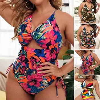 V-образный вырез, тонкие бретельки, ажурные боковые завязки, женские монокини, лето, красочные цветочные XL чёрный/розы красного